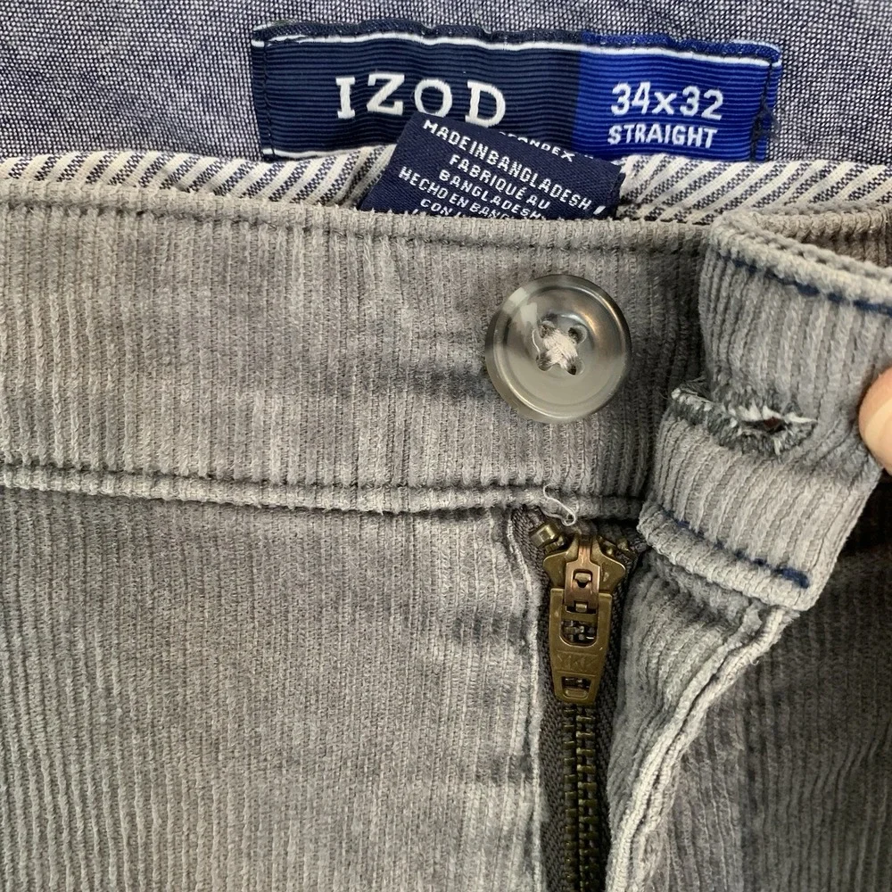 IZOD Corduroy Pants Mens Straight‎ Fit Charcoal Grey 34x32 Cotton Stretch Preppy